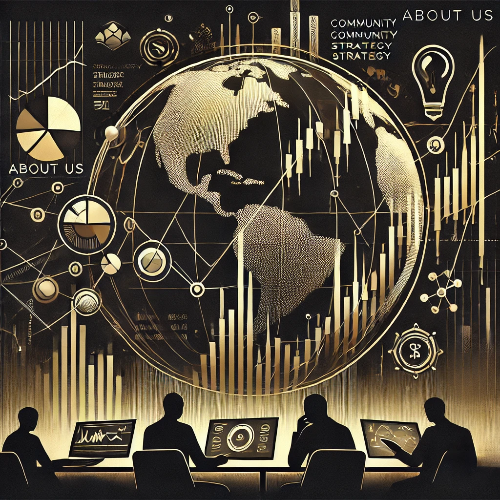 A modern, minimalistic black and gold financial trading-themed image for an 'About Us' page. The image should symbolize community, strategy, and trading