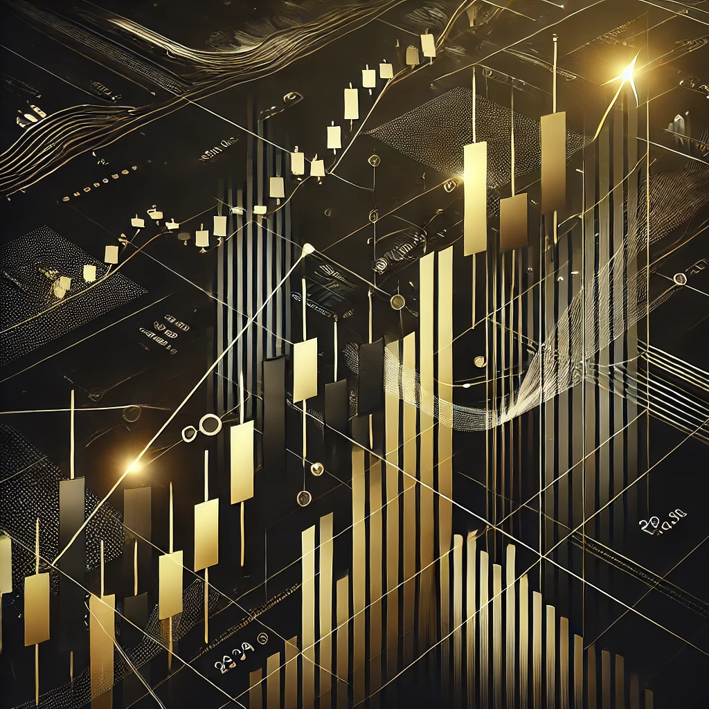 A sleek, modern, and minimalistic financial trading-themed image in black and gold. The image should convey stock market strategies, trading charts