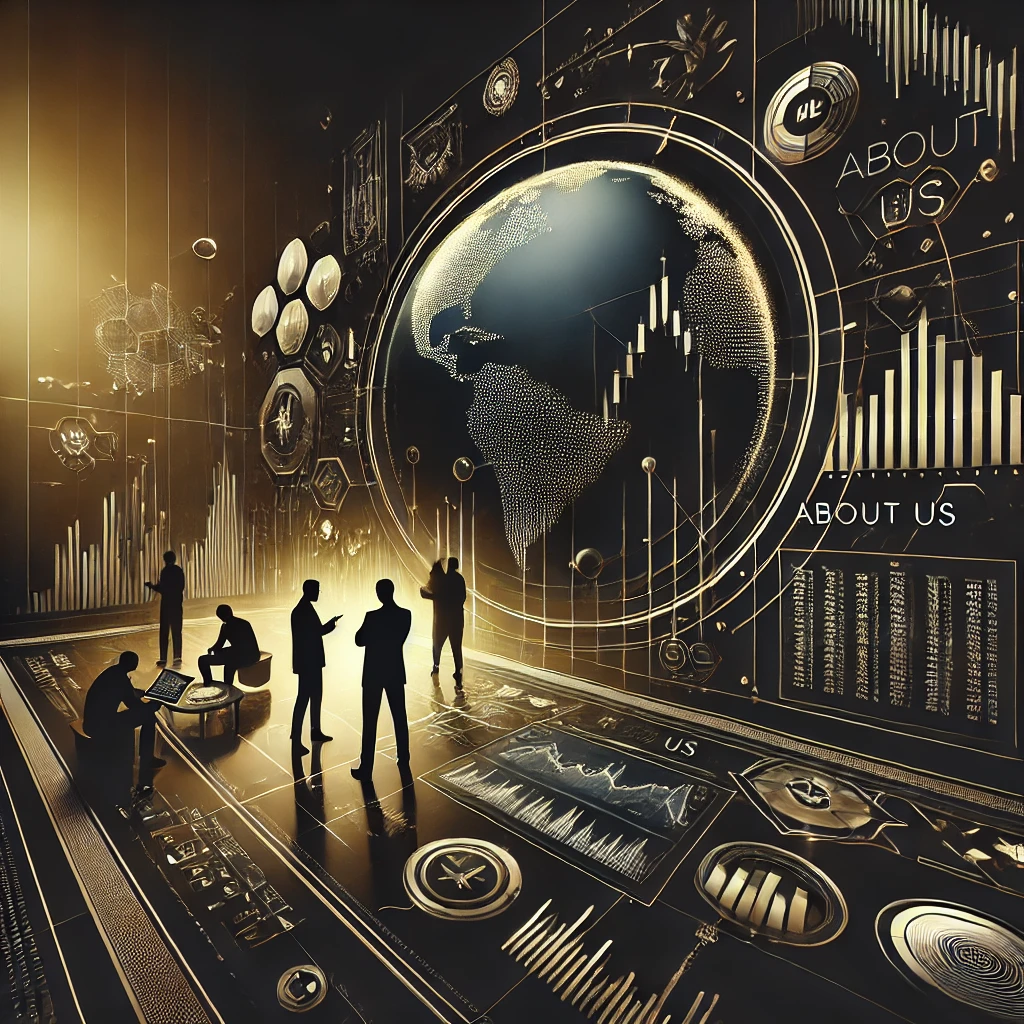 A sleek, modern black and gold financial trading-themed image for an 'About Us' page. The image should represent collaboration, strategy, and market