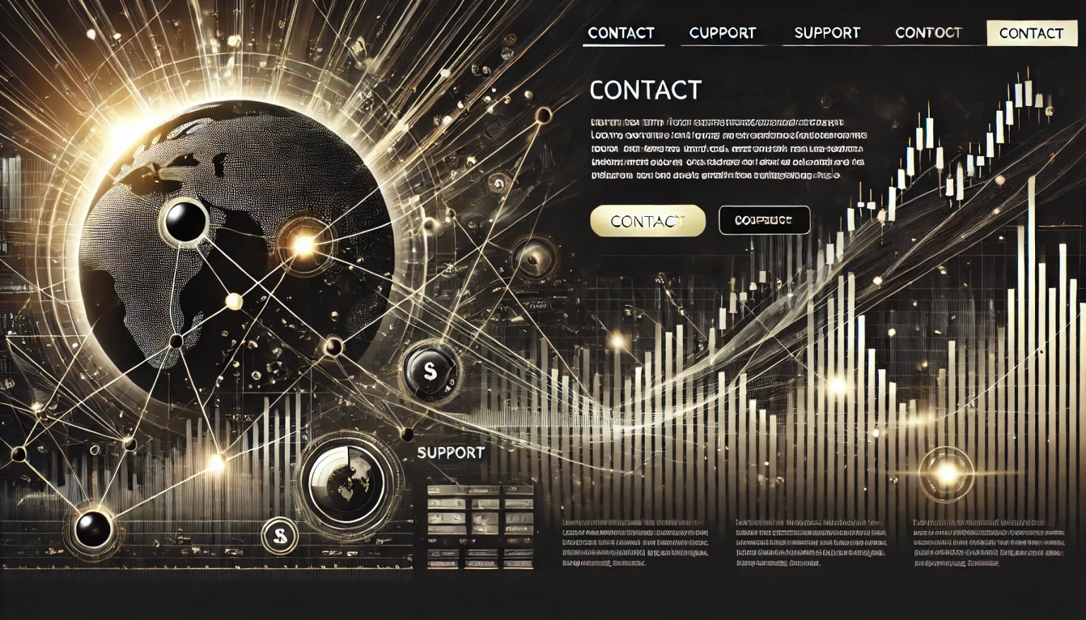 A sleek and professional hero image for a contact page of a financial trading website. Black and gold theme, representing communication, support